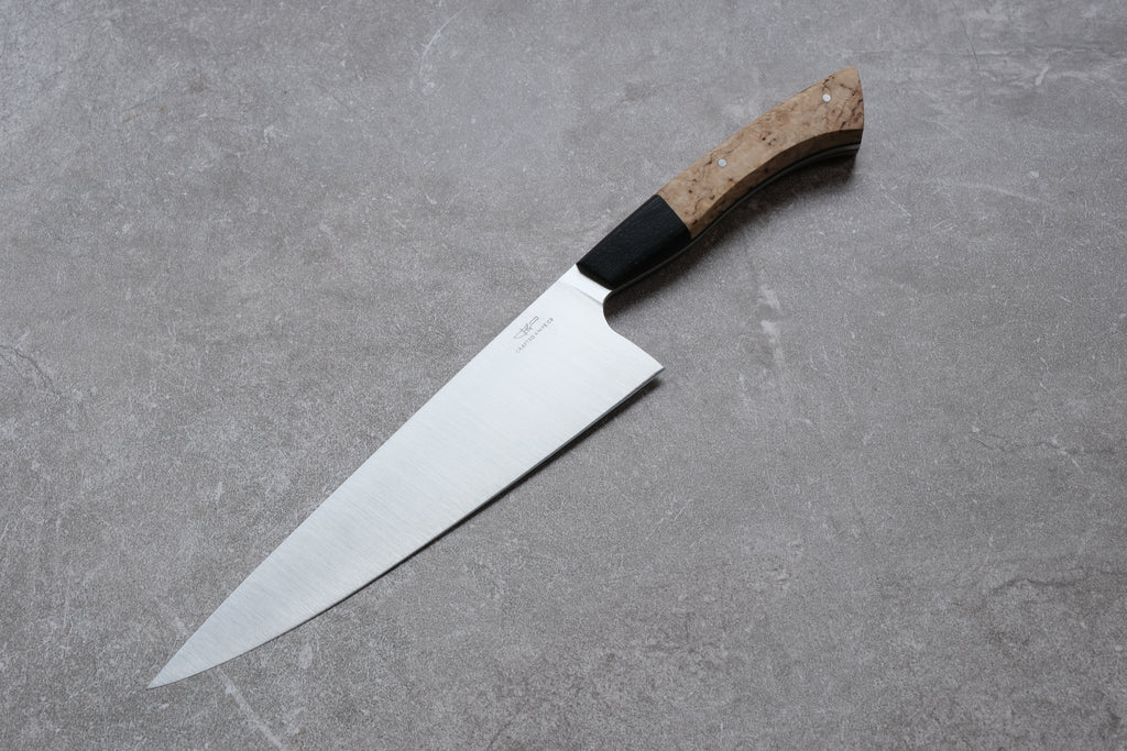 8 Inch Stainless Steel Chefs Knife With Ash Burr & Ancient Bog Oak Handle