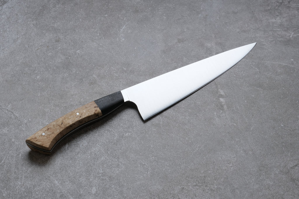 8 Inch Stainless Steel Chefs Knife With Ash Burr & Ancient Bog Oak Handle