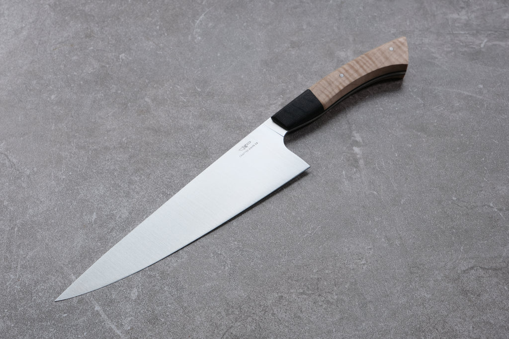 8 Inch Stainless Steel Chefs Knife With Quilted Maple & Bog Oak Handle